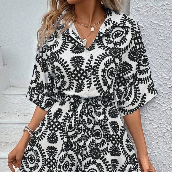 Black Boho Ladies' Printed Leisure Vacation Batwing Sleeve Belted Romper - Picture 2 of 5